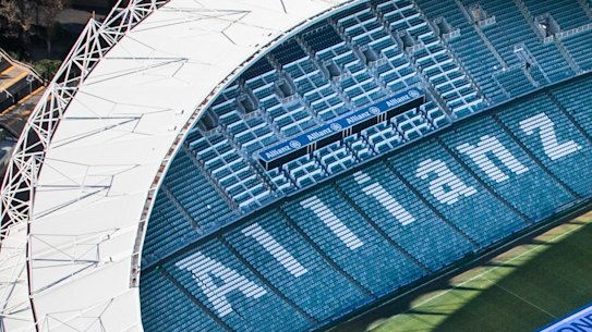 LUMAPIXEL: Blue Sky Aerial Filming for Sydney FC. May 17, 2017. Allianz Stadium, Moore Park, NSW, Australia. Photo: Narelle Spangher Sydney FC unveil their new logo at Allianz Stadium in Sydney on the 17th May 2017. Image supplied.