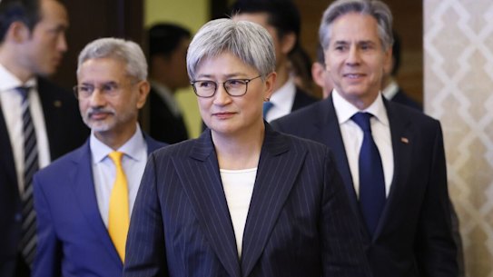 Penny Wong, Australia’s foreign affairs minister, center, Subrahmanyam Jaishankar, India’s external affairs minister, center left, and Antony Blinken, US secretary of state, center right, arrive for the Quadrilateral Security Dialogue (Quad) ministerial meeting in Tokyo, Japan, on Monday