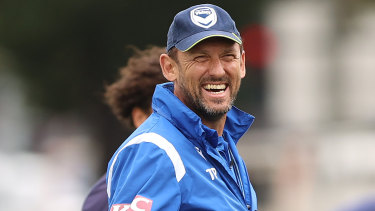 Victory coach Tony Popovic laughs during an A-League men’s training session at Gosch’s Paddock.