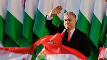 Prime Minister Viktor Orban waves during the final electoral rally of his Fidesz party in Szekesfehervar, Hungary, on Friday.