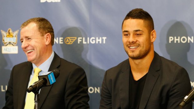 Moving on: Graham Annesley (left) and Jarryd Hayne in 2016. Annesley feels he's leaving the Titans in a good state.