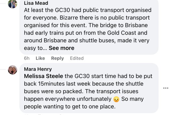 Participants in the Brisbane Marathon Festival have taken to social media to discuss transport arrangements. 