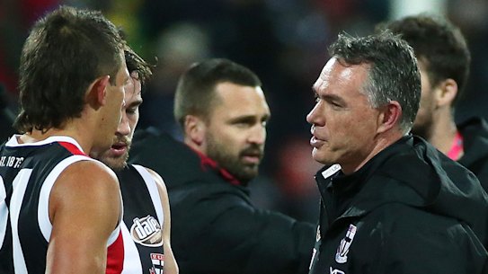 Tick, tock: St Kilda coach Alan Richardson rallies the troops during Saturday's loss to Geelong.