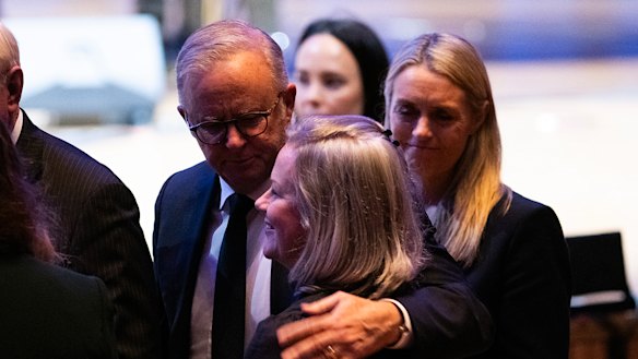 Prime Minister Anthony Albanese with Richard Scolyer’s wife, Dr Katie Nicoll, after the memorial service.