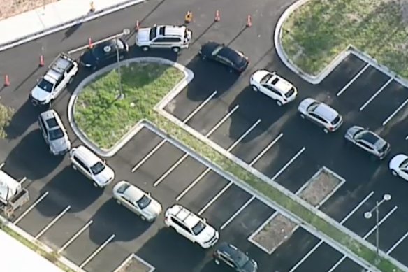 The queue at the Springers Leisure Centre testing site in Keysborough on Thursday.