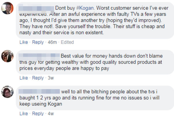Some of the comments on the Kogan Facebook post. 