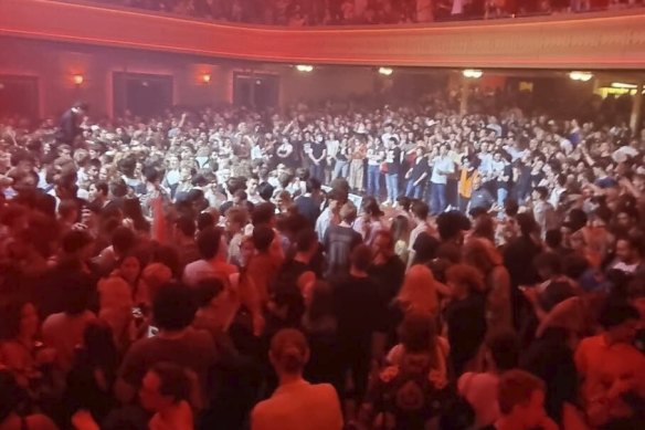 Scenes shortly after the floor collapsed at the Enmore Theatre on Thursday night.