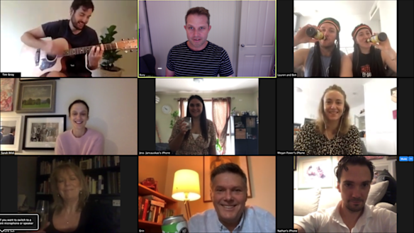 A musician hired through Brisbane start-up CrowdPleaser performs for a group of people in a video call party.