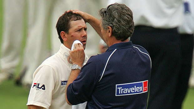 Ricky Ponting receives treatment after being hit by a Steve Harmison ball at Lord's in 2005.