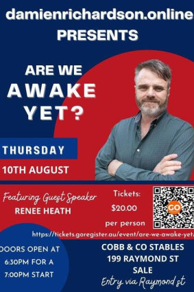 A flyer for an event hosted by Damien Richardson which claimed Renee Heath would attend as a “guest speaker”. She was later removed.