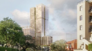 A drawing of a 35-storey residential tower that could replace the Edgecliff Centre, above Edgecliff train station.