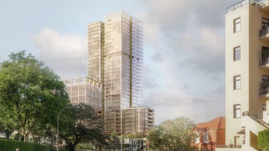 A drawing of a 35-storey residential tower that could replace the Edgecliff Centre, above Edgecliff train station.
