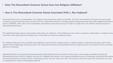 Screenshot from the updated Mooroolbark Grammar website where they have now confirmed their links to Scientology founder L. Ron Hubbard after previously hiding them.