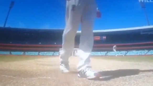 Steve Smith scuffs the pitch, obscuring Rishabh Pant's guard mark.