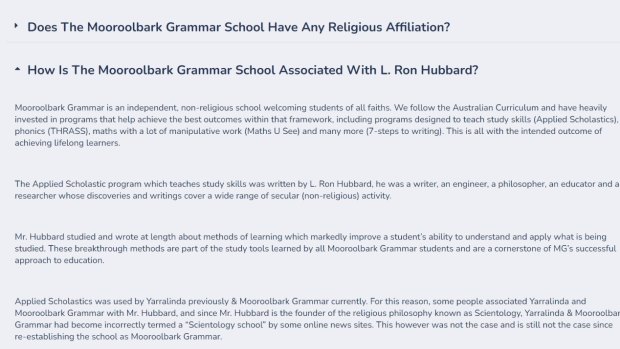 Screenshot from the updated Mooroolbark Grammar website where they have now confirmed their links to Scientology founder L. Ron Hubbard after previously hiding them.