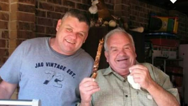 Michael Gavanas, 50, (left, pictured with his father) was found with his ankles tied and face down in the Parramatta River at Melrose Park on July 18, 2015.