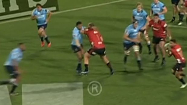 Cheap shot: Joe Moody's raised forearm on Kurtley Beale, before he barged over for a try in the same phase.