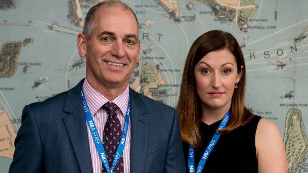 Celia Pacquola, who plays Nat, and Rob Sitch, as her harried boss Tony, in the ABC comedy Utopia. 