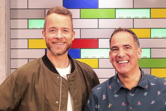 Lego Masters host Hamish Blake with ‘Brickman’.