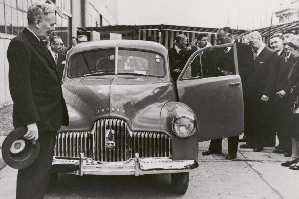 Former Prime Minister Ben Chifley introduces Australia's first car, the Holden 48-215, later known as the Holden FX, at Fisherman's Bend in 1948.