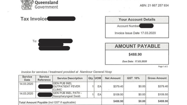 One of the four invoices from Nambour Hospital sent to Jeff billing him for coronavirus testing