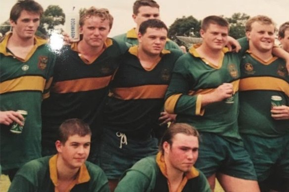 Chris Minns (top left, with VB can in hand) during his playing days with Oatley in the 1990s.