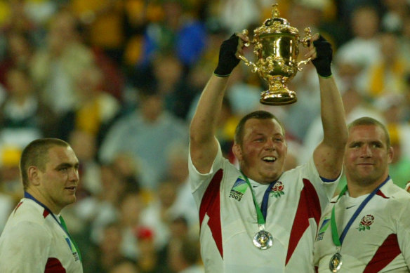 Thompson celebrates winning the 2003 Rugby World Cup with his England teammates. "I can’t remember it," he said of the moment just 17 years ago. "I’ve got no feelings about it."