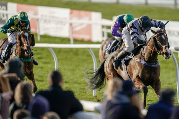 Jockeys in action at Sedgefield Racecourse.