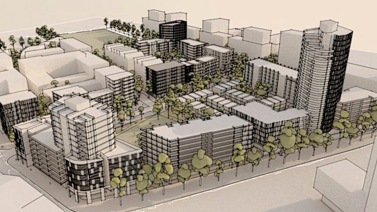 An artist’s impression of Meriton’s planning proposal for the Suttons car dealership site in Zetland.