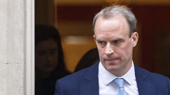 Britain's Foreign Secretary Dominic Raab leaves a meeting in Downing Street, London.