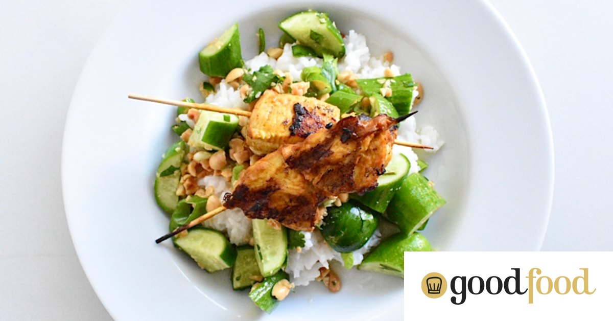 Gluten-free satay chicken bowl recipe with cucumber salad and coconut rice