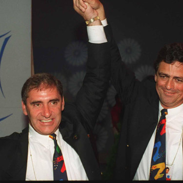 John Fahey and Rod McGeogh celebrate in Monaco as Sydney is announced as the winner in 1993