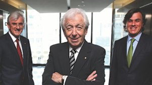 Frank Lowy (centre) with sons Steven (left) and Peter. 
