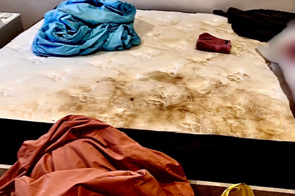 A dirty mattress in a Sydney group home operated by Beyond Care. 