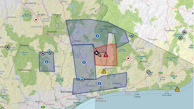 Timbarra fire emergency warning areas. 