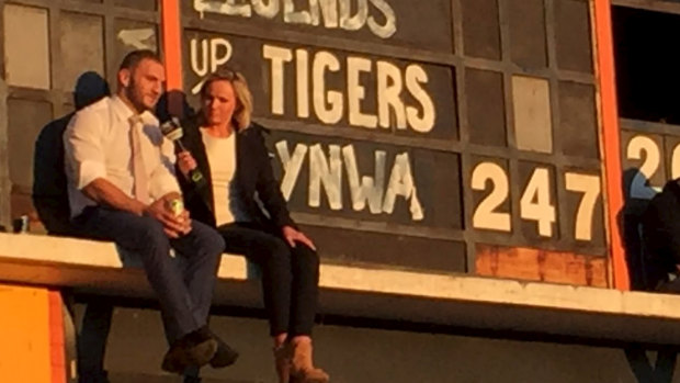 Last drinks: Robbie Farah is interviewed on the Leichhardt Oval scoreboard by Fox Sports Emma Lawrence journalist following his farewell from the Tigers in 2016.