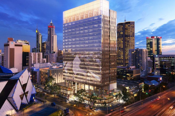 The development as it would be seen from the freeway, with the office tower in the centre. 