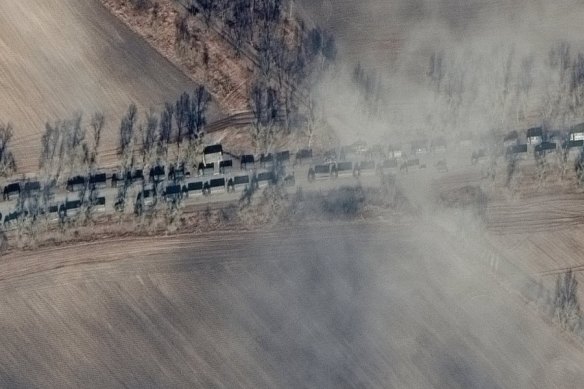 Satellite images show Russian troops nearing Kyiv, around 60 km northwest of the capital.