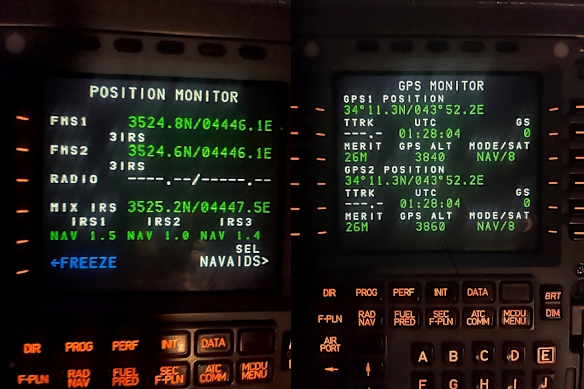 In an A320 flying over Iraq, the Flight Management System (FMS, at left) derives an accurate location, while the GPS (at right) shows a false position. Also at right, the reading of path on aircraft on ground (or true track - TTRK) and ground speed (GS) show zero. 