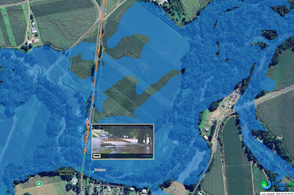 FloodMapp’s NowCast view showing a flooded road segment. 
