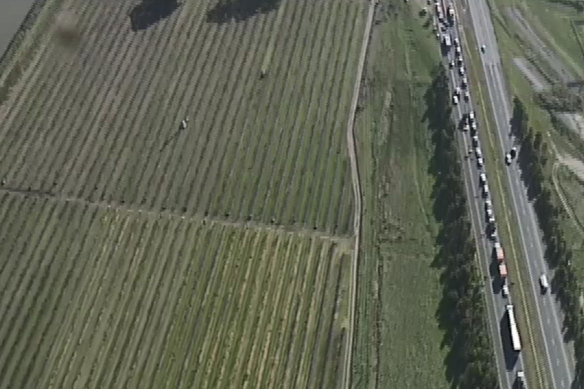 Traffic backs up at a Bacchus Marsh police checkpoint on Tuesday.