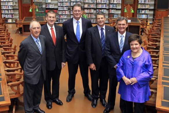 John Cain (left), with his fellow former  premiers Jeff Kennett, Ted Baillieu, Steve Bracks, John Brumby and Joan Kirner, in 2011.