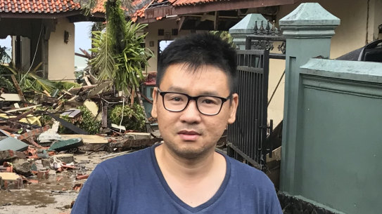 Kevin Resali, 36, outside the villa in Anyer where he and his family were staying when the tsunami hit.
