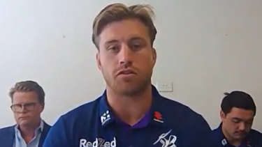 Cameron Munster makes a statement on the Melbourne Stormâs zoom call earlier this week.