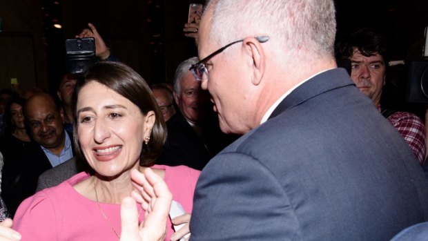 Reflected glory ... Prime Minister Scott Morrison with NSW's victorious Liberal Premier Gladys Berejiklian.