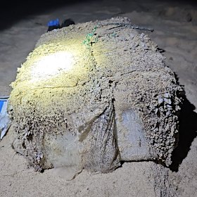 A barnacle-crusted cocaine brick that washed up at Magenta on December 22. 