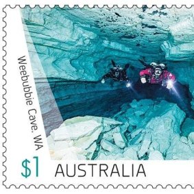 This photo of Trent Lee cave diving in WA featured on a 2017 edition of the $1 postage stamp.