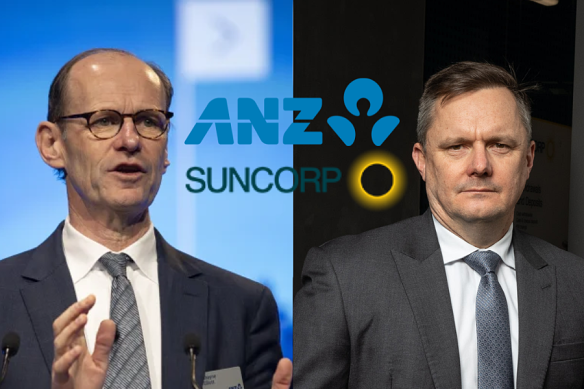 The competition watchdog has rejected the plan for ANZ under Shayne Elliott (left) and Suncorp, under Steve Johnston, to merge.