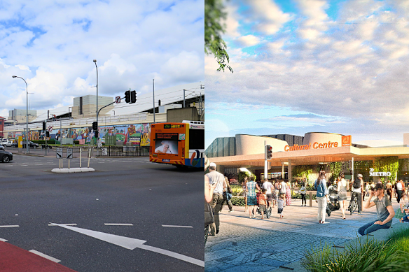 What the intersection looked like in 2018, with the site previously used as a car park, and the council’s original concept images for a new Metro Cultural Centre station at South Brisbane.