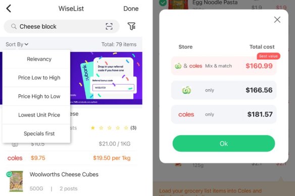 Screenshots from the price comparison app WiseList. 